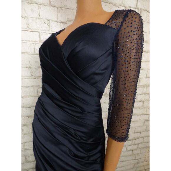 $558 La Femme 30138 Navy Blue Satin Ruched Trumpet Illusion Gown 12 NEW - Picture 10 of 16